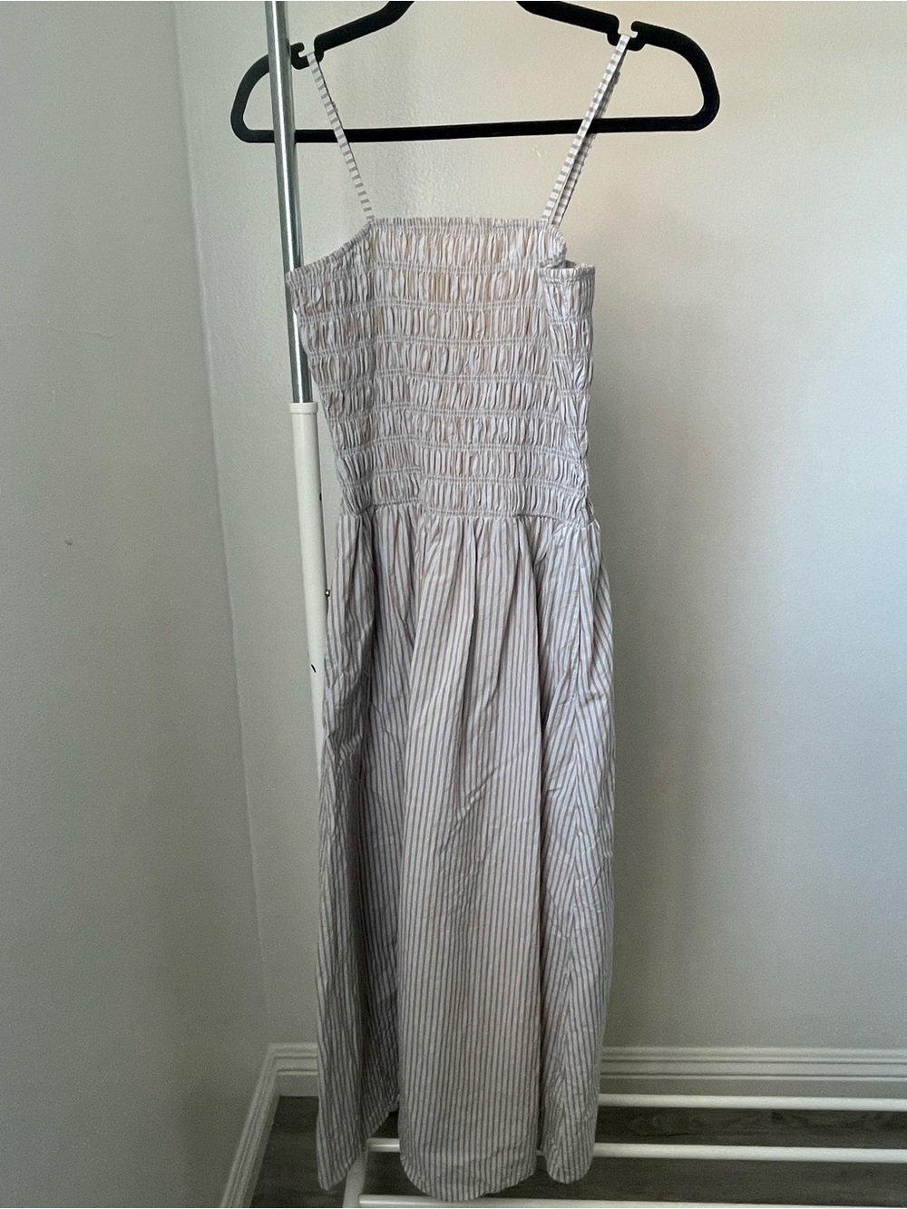 Smocked Stripe Maxi Dress in Light Gray and White